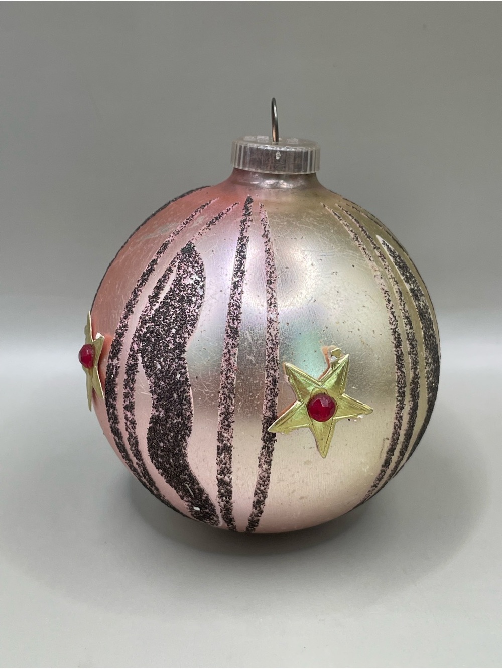 Vintage W. Germany Light Pink Gold W/Glitter Stars Christmas Glass 3” Ornament